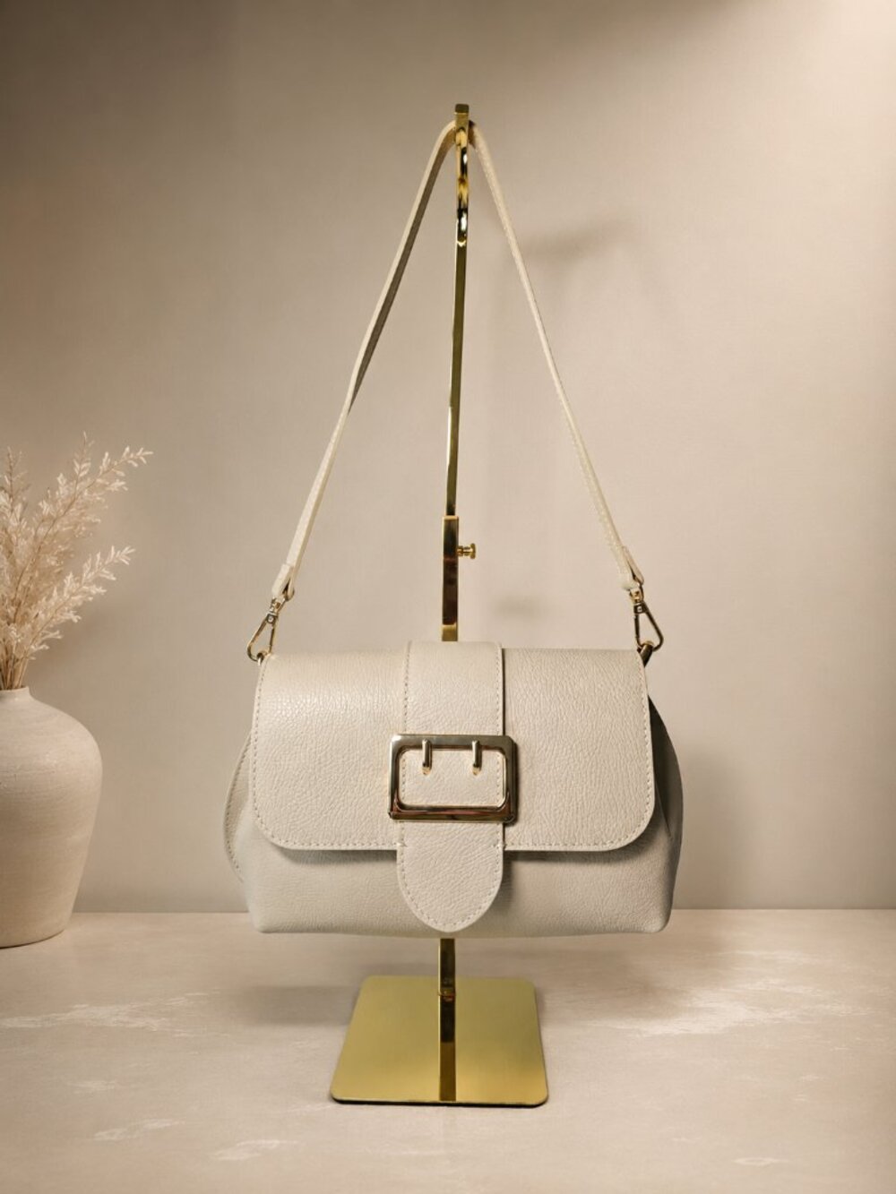 Italian Leather Crossbody Bag, Cream Beige Shoulder Bag